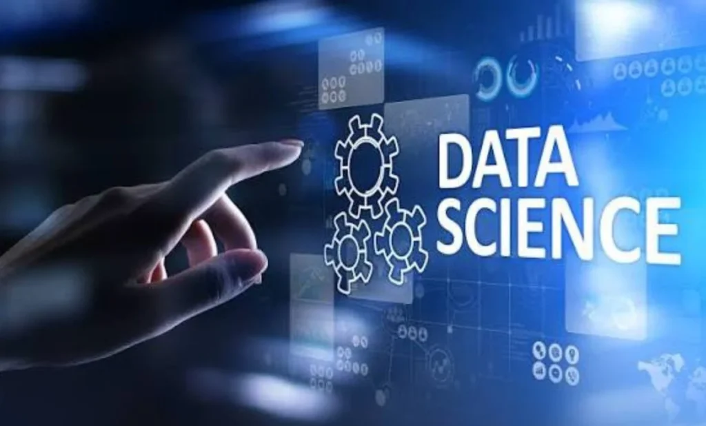 Data Science concept with a digital interface, data graphics, and interconnected gears.