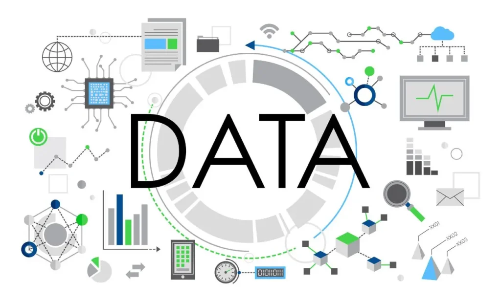 Data Science training illustration showing data analytics, technology, charts, databases, cloud computing, and digital data concepts.