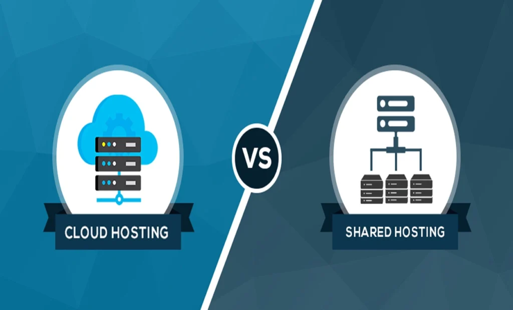Cloud hosting vs. shared hosting comparison showing server infrastructure and cloud-based hosting systems.