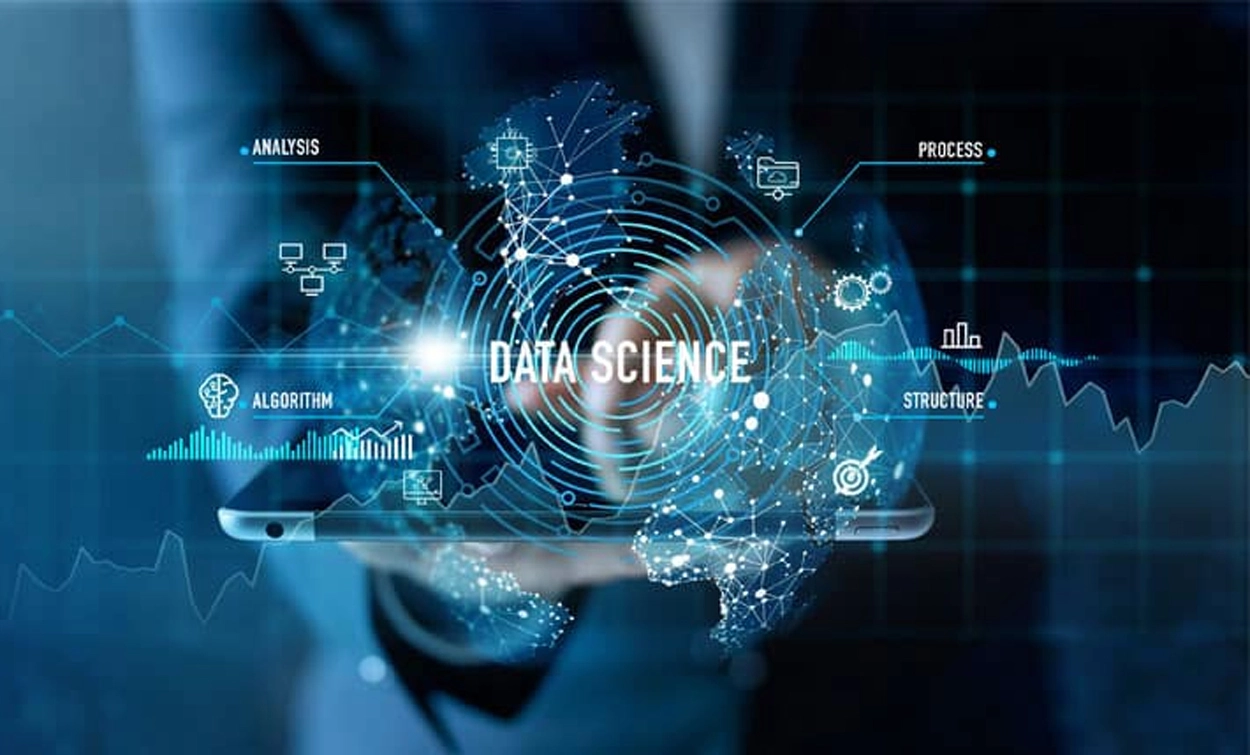 Data science technology with data analysis, algorithms, data processing, and visualization on a digital interface.