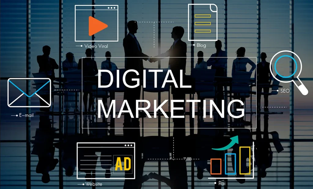Digital marketing concept featuring SEO, email marketing, viral videos, blogging, website advertising, and ROI analytics in a corporate business environment.