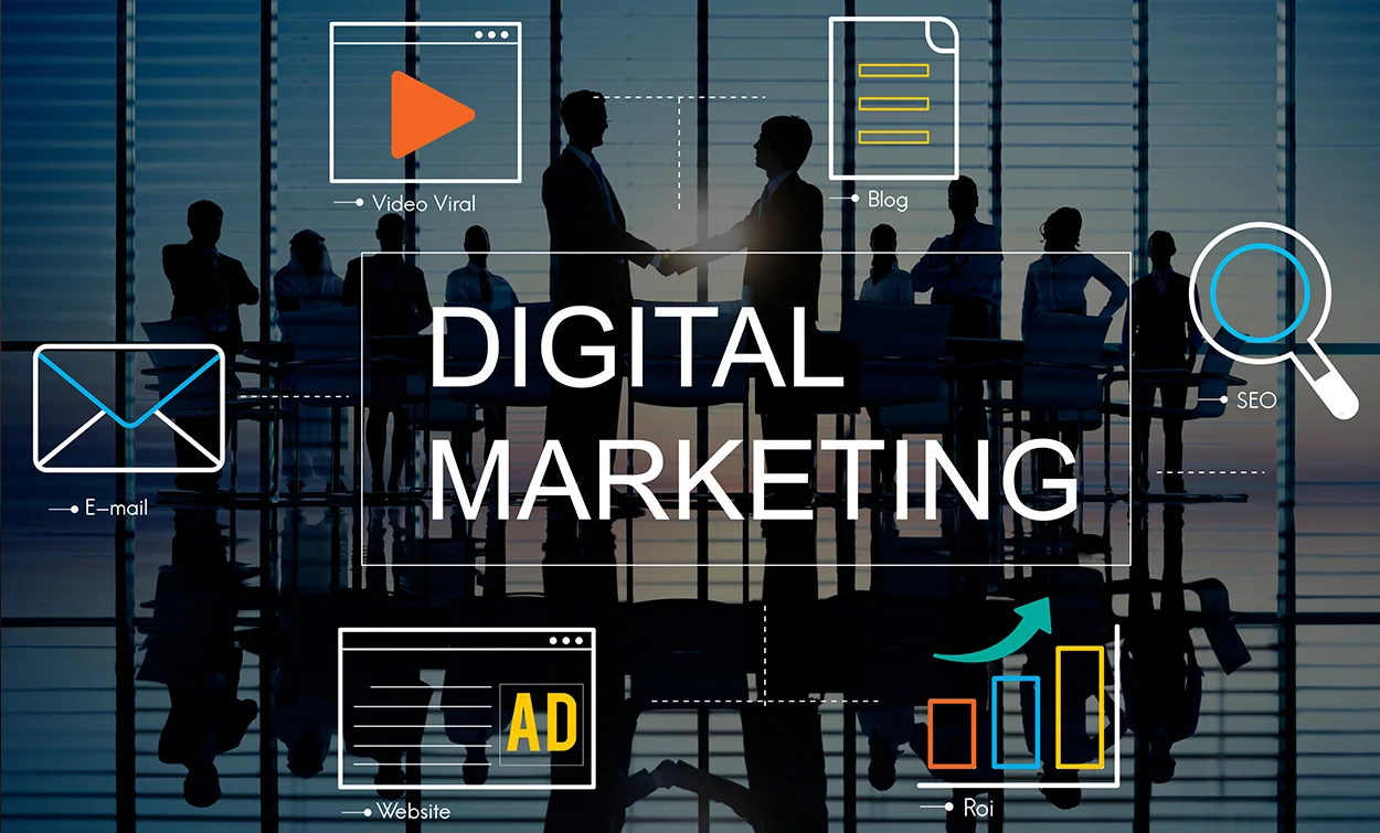 Digital marketing concept featuring SEO, email marketing, viral videos, blogging, website advertising, and ROI analytics in a corporate business environment.