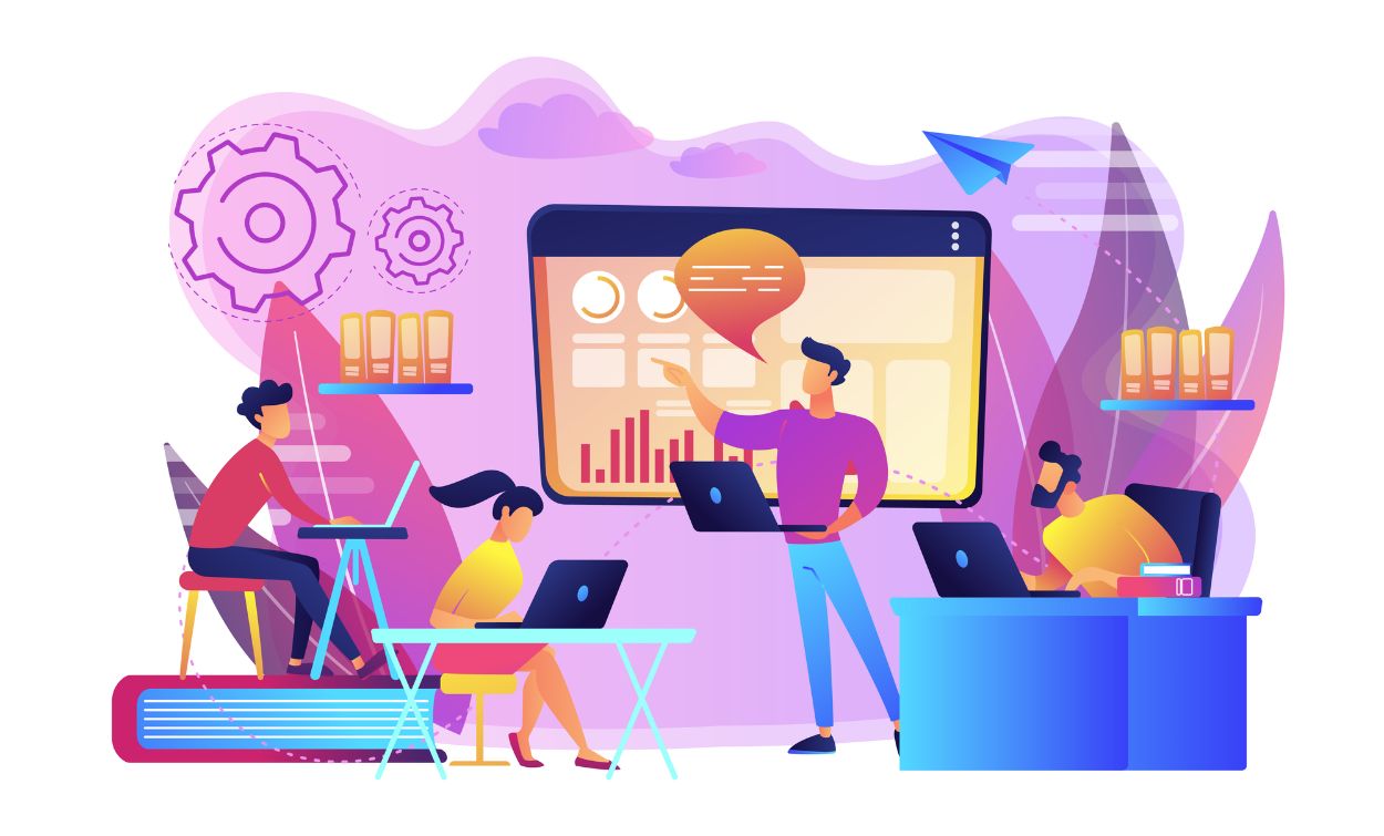 Illustration of students and a trainer participating in modern online software training with laptops, digital charts, and educational elements.