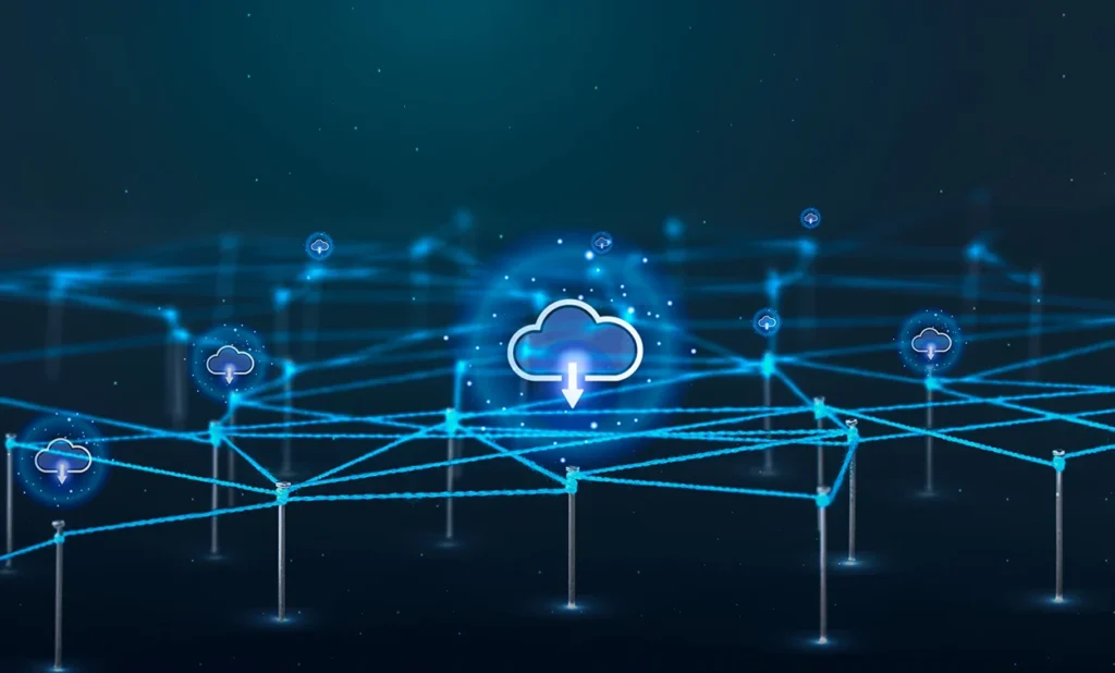 Cloud computing network with connected cloud servers and data transfer technology.
