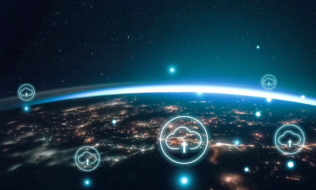 Cloud computing icons over Earth from space, representing global connectivity and cloud technology.
