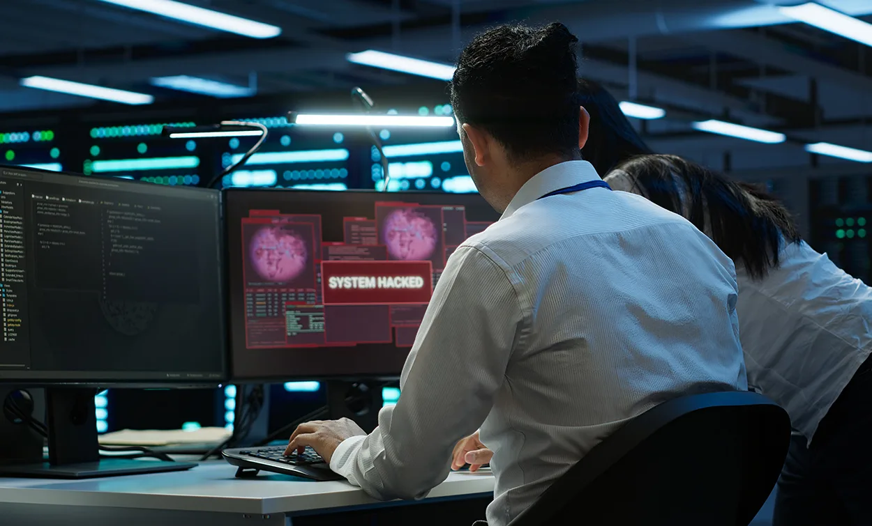 Cybersecurity professionals monitoring a system security breach on computer screens in a technology operations environment.