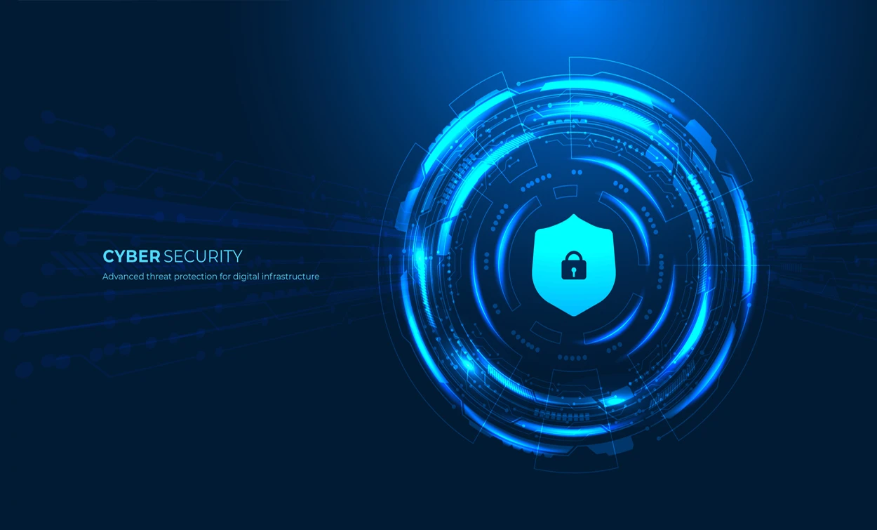 Cybersecurity graphic showing a glowing blue digital security shield with a padlock surrounded by concentric technology rings and circuit patterns.