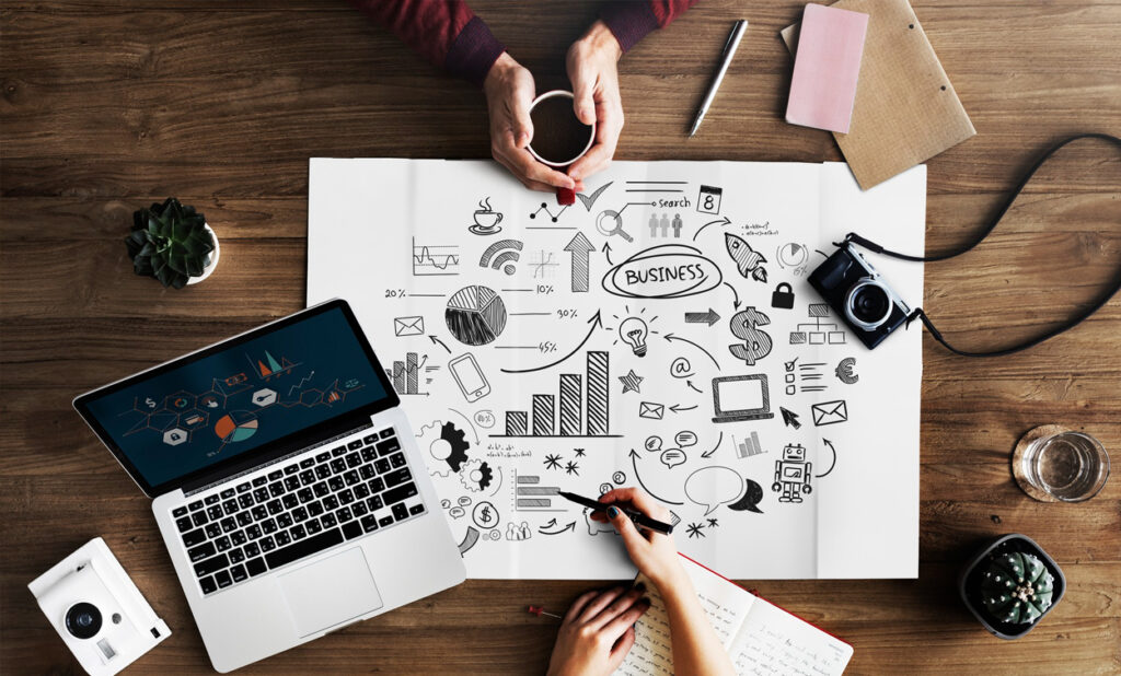 Digital marketing concept featuring SEO, email marketing, viral videos, blogging, website advertising, and ROI analytics in a corporate business environment.